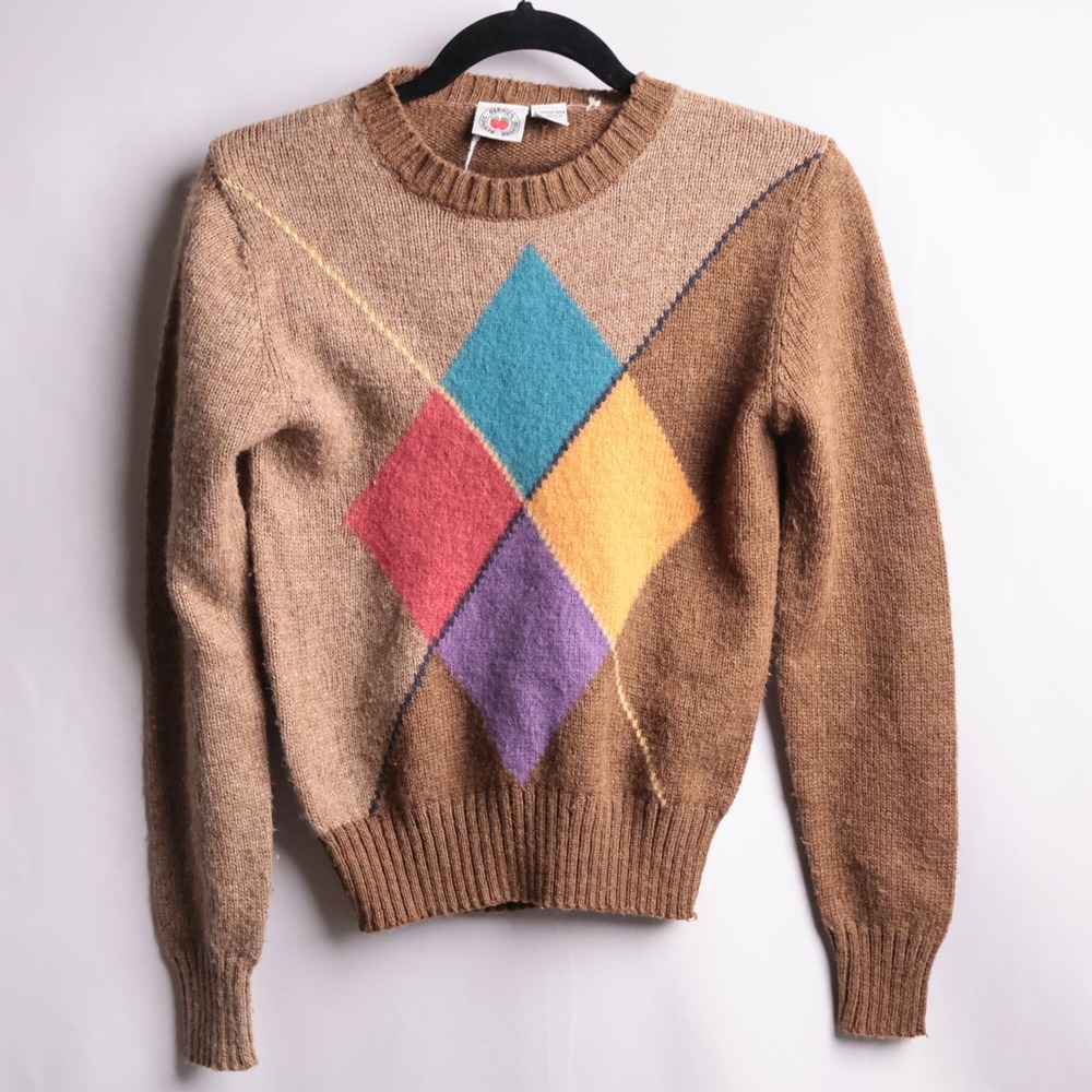 Berries Vintage Argyle Knit Sweater Brown Multi Color Wool‎ Blend Small Academia
